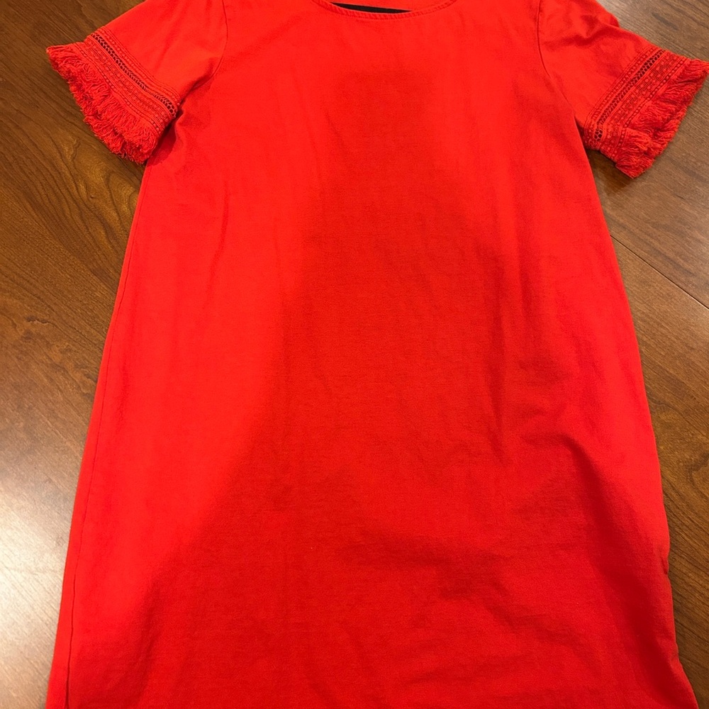Chelsea &Theodore Vibrant Cotton Red Dress with Lace Short Sleeves